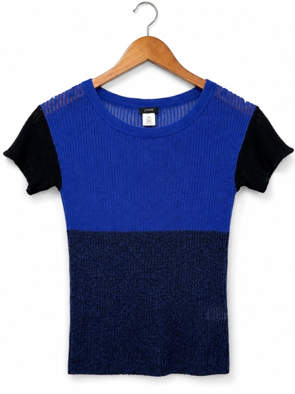 J.Crew XXS 100% Linen Colorblock Knit Top Blue Black Short Sleeve